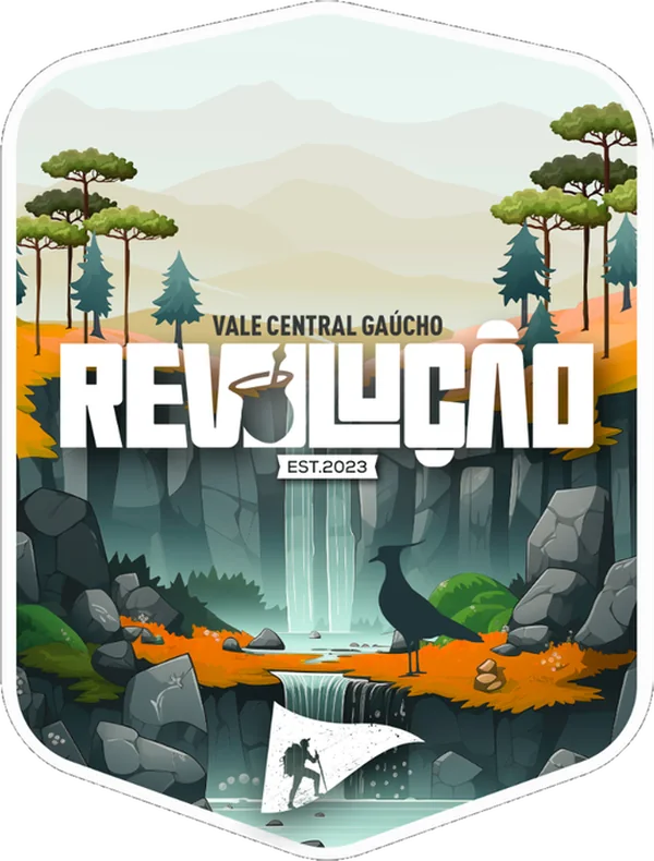 Selo do Track Revolução: cascata, araucárias e a bandeira Legendários